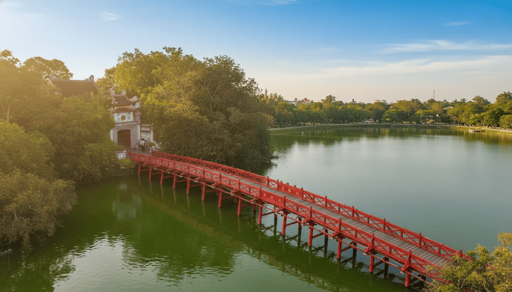 Hình ảnh cầu Thê Húc từ trên cao nhìn xuống